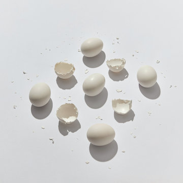 A collection of egg eggshell halves and white eggs on a gray background with copy space. Flat lay