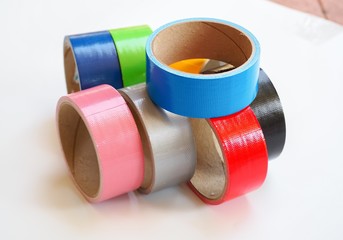 plastic bottle caps isolated, Set of color yellow black red pink gray blue green rolls scotch tape- sticky tape on white background. can use business-paperwork-banner products