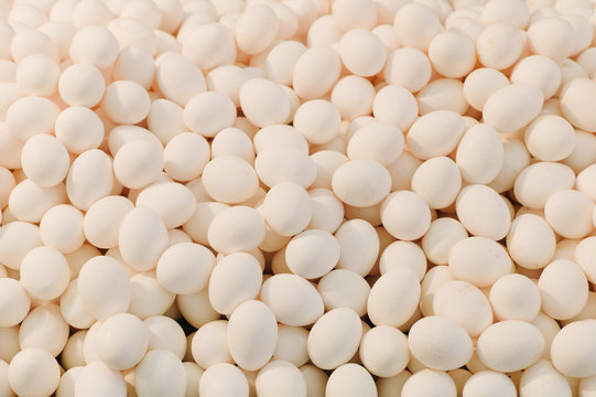 Pile of chicken eggs in shop