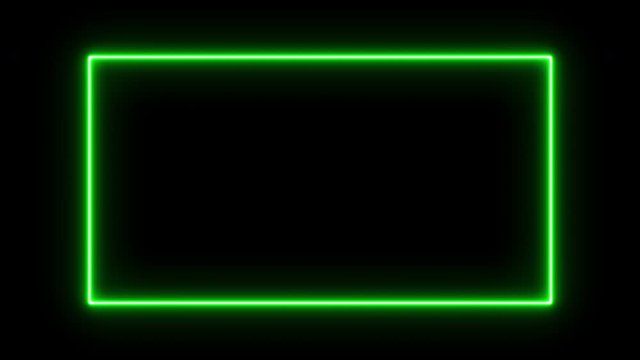 Empty neon sign, signboard, billboard fluorescent green light glowing on banner background. Text by neon lights box sign. The best stock of animation neon flickering, flash and blinks color black back