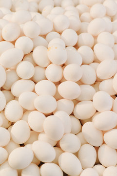Heap of chicken eggs in shop