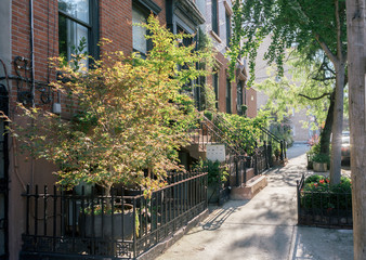 Sunny View of Williamsburg Residential Neighborhood in Brooklyn with Brownstone Homes