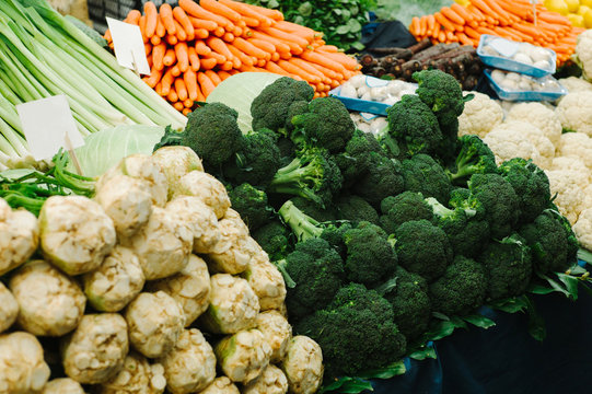 Heap of different vegetables on shop