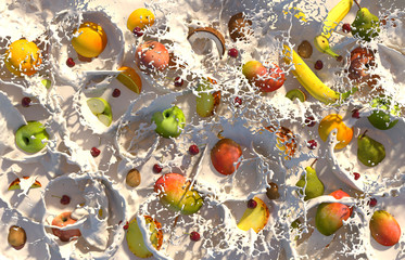 Close up of fresh fruits in milk