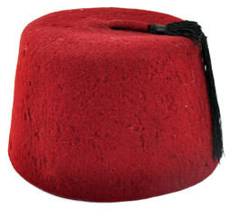 Isolated White Background, Red fez hat with black tassel.