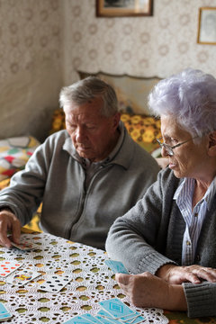 Senior couple playing cards