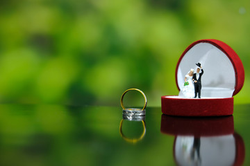 Miniature wedding concept - bride and groom make greeting with dreamy green background