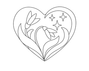 Heart with flowers of snowdrops and asterisks on, valentine`s or spring card, template with primroses - vector linear picture for coloring. Outline. Hand drawing