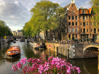Tour Boat Along a Canal in Amsterdam - obrazy, fototapety, plakaty