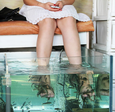 Young girl receiving fish spa for peeling.