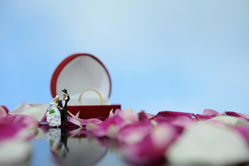 Miniature photography - outdoor marriage wedding concept, bride and groom walking on red white rose flower pile 