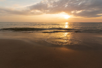 Beautiful sunset at seascape. Beach area in front of Ban Ta Nuak School Khlong Yai Subdistrict, Khlong Yai District, Hong Kong, Trat, Thailand 23110
