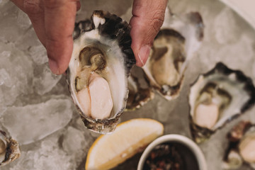 Fresh oysters close-up on plate with ice