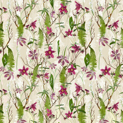 Adorable springtime seamless pattern with Fern leaves, checkered lily and aquilegia, can be used as background, wallpaper