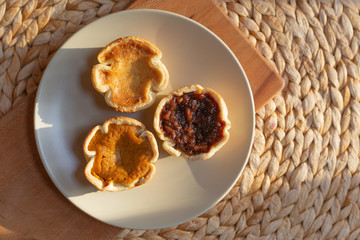 Trio of holiday tarts - pumpkin, mincemeat and butter tart