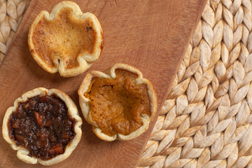 Trio of holiday tarts - pumpkin, mincemeat and butter tart