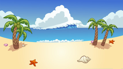 Fototapeta na wymiar Beach background with palm trees, wave and seashells clip art. Vector illustration with simple gradients. Some elements on separate layers.