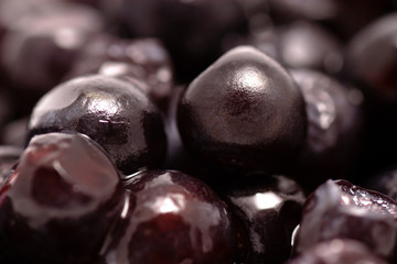 Background of fruits of the blueberries. Fresh food in macro. Shining bilberries with dew drops in close-up