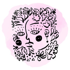 Modern black white abstract graphic poster woman face. Watercolor stain.  Vector isolated illustration.