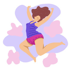 Happy  smiling woman jump. Woman daily life, everyday. Freedom female, body positive.  Flat modern vector isolated illustration. Fly, love concept.