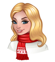 Portrait of blonde girl with red scarf. Isolated on white