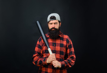 Sport. Bearded man with baseball bat. Power and energy concept. Sport equipment. Professional baseball player with baseball bat. Bearded man in plaid shirt holds baseball bat. Sport, training, health.