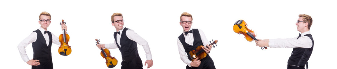 Funny violin player on white