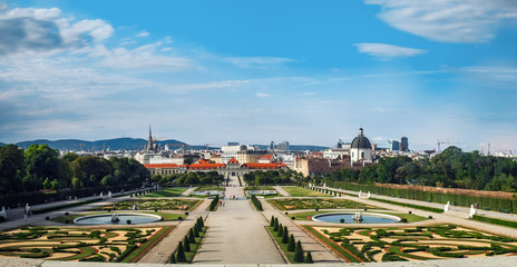 Top panoramic view on Belvedere Palace and its beautiful gardens, located in the center of Vienna, Austria.