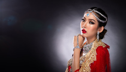 Indian beauty perfect face make up wedding bride, Portrait of beautiful woman in Red traditional ethnic Pakistani bridal costume pose lovely, smoke fog dark background, collage group pack concept