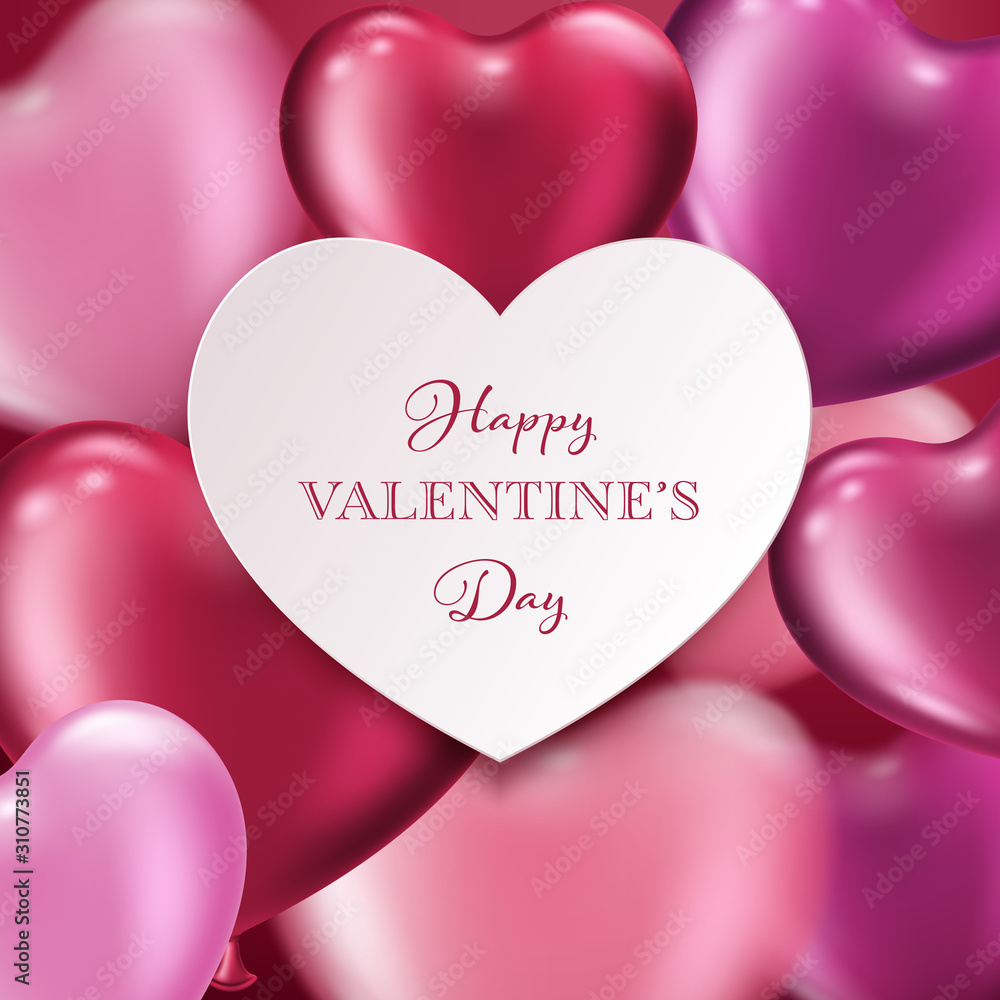 Wall mural Valentines Day background with realistic heart-shaped balloons. Greeting card, invitation or banner template