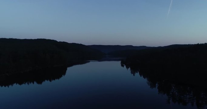 Aerial viev of  peaceful morning dawn, before sunrise over the lake in south Norway. (G&aring;sefl&aring;).