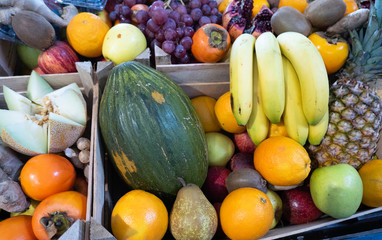 A variety of Colorful Fresh fruits at the market 