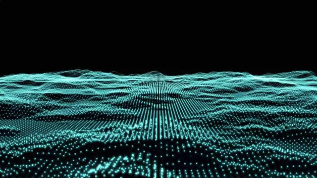 Togographic digital map with mountains and hills as if seen from an aircraft or heads up display HUD which loops endlessly
