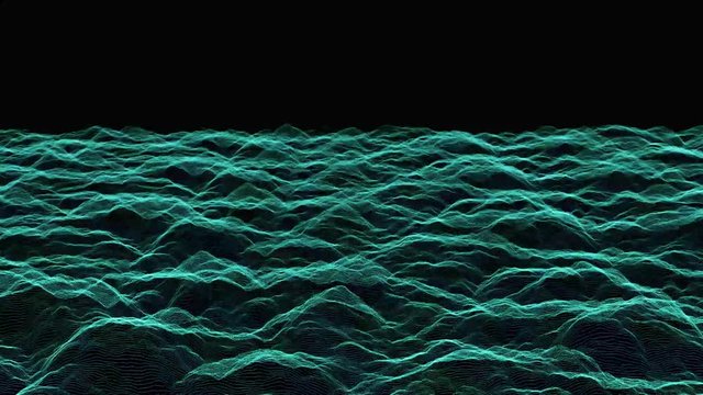 Rough mountain landscape terrain in a futuristic digital map that skolls on in an endless loop as if seen from an aircraft on a heads up display HUD