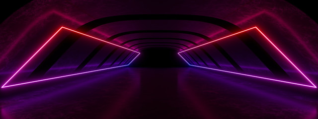 Colored neon lamps in a dark tunnel. 3d rendering image.