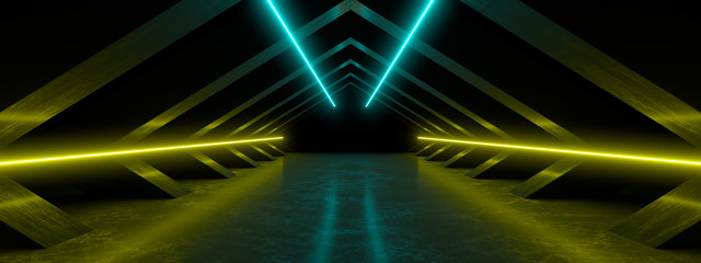 Colored neon lamps in a dark tunnel. 3d rendering image.