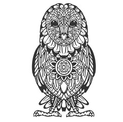 Zentangle stylized cartoon owl. Hand drawn sketch for adult antistress coloring page