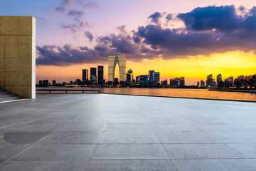 Suzhou city skyline and empty square floor landscape at night.