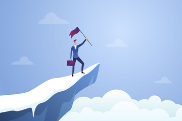 Successful businessman holding a flag on top mountain vector. Symbol of success, achievement victory, top career and leadership flat illustration