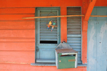 Rusted blue front door and window over orange facade. Tropical construction with two parrot decoration. Martinique, Antilles. French West Indies