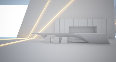 Obraz premium Abstract architectural white interior of a minimalist house with swimming pool and neon lighting. 3D illustration and rendering.