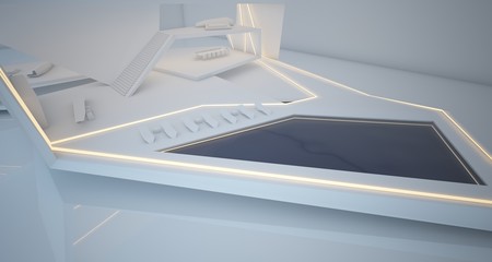Abstract architectural white interior of a minimalist house with swimming pool and neon lighting. 3D illustration and rendering.