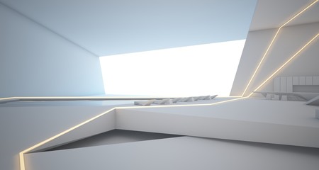 Abstract architectural white interior of a minimalist house with swimming pool and neon lighting. 3D illustration and rendering.