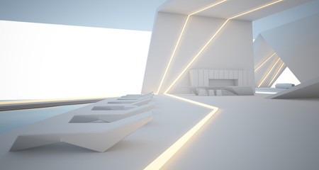 Obraz premium Abstract architectural white interior of a minimalist house with swimming pool and neon lighting. 3D illustration and rendering.