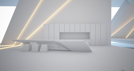 Abstract architectural white interior of a minimalist house with swimming pool and neon lighting. 3D illustration and rendering.