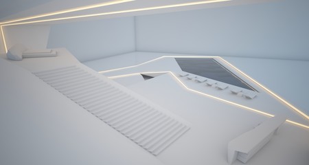 Abstract architectural white interior of a minimalist house with swimming pool and neon lighting. 3D illustration and rendering.