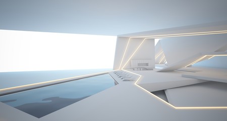 Abstract architectural white interior of a minimalist house with swimming pool and neon lighting. 3D illustration and rendering.