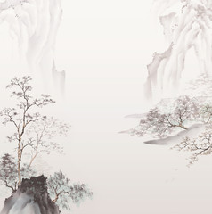 Fototapety  Tradycyjne orientalne malarstwo tuszem. Tradycyjny chiński obraz krajobrazu wysokogórskiego.