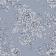 Peony flower seamless pattern drawing.Flower seamless pattern background. Elegant texture for...