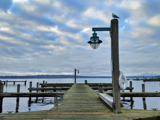 Boat docks at Lake Washington on an overcast, rainy day.